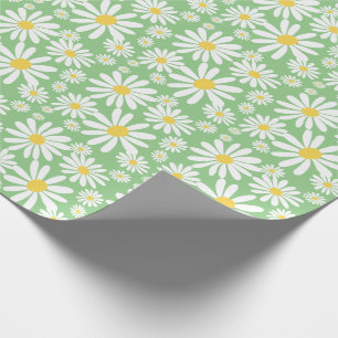 Papel De Presente Primavera de Patterno do Groovy Daisies Retro Verd