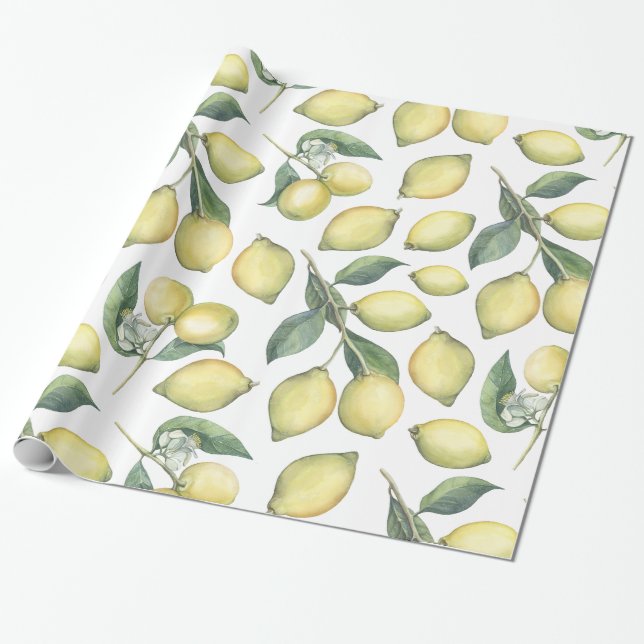 Papel De Presente Primavera Limões e folhas, de cor aquosa, de cor a (Desenrolado)