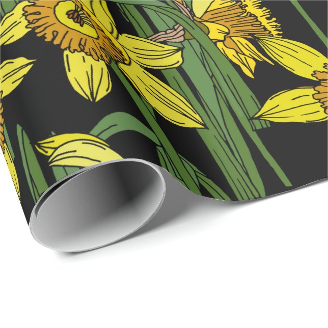 Papel De Presente Primavera Narcissus Daffodils em Floral Negrito (Ponta do rolo)
