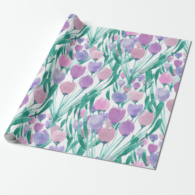 Papel De Presente Primavera Pink Tulipa Púrpura Aquarela Floral (Desenrolado)