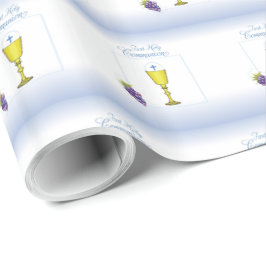 Papel De Presente Primeira Comunhão do Menino, Cálice com Hóstia e U