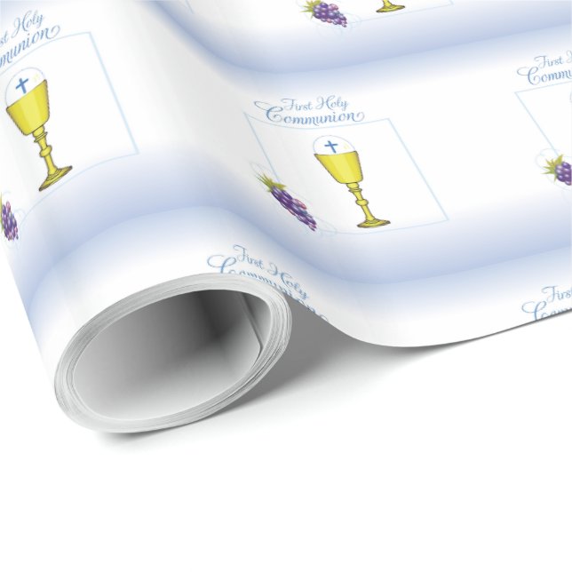 Papel De Presente Primeira Comunhão do Menino, Cálice com Hóstia e U (Ponta do rolo)