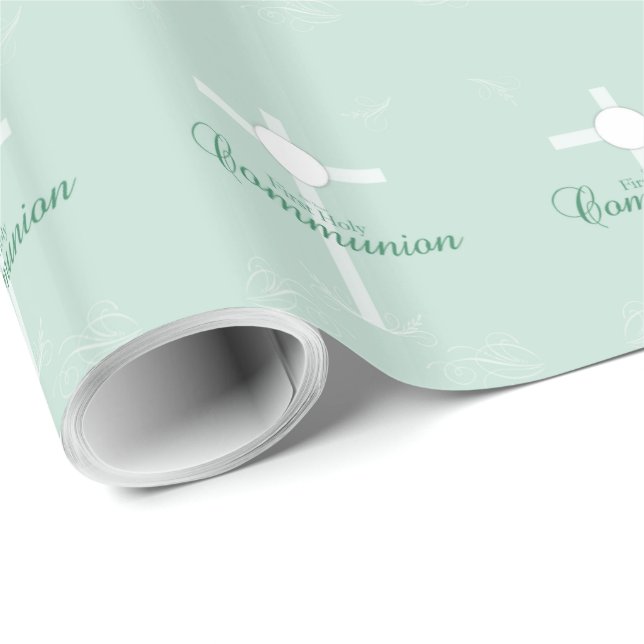 Papel De Presente Primeira Comunhão, Roteiro em Verde Suave (Ponta do rolo)