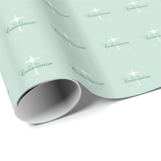 Papel De Presente Primeira Comunhão, Roteiro em Verde Suave (Ponta do rolo)