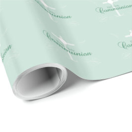 Papel De Presente Primeira Comunhão, Script em Verde Suave