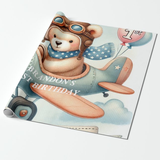 Papel De Presente primeiro aniversario Avião Menino Aquarela Para Ci (Desenrolado)