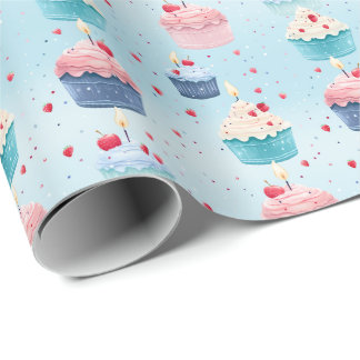 Papel De Presente Primeiro aniversário - Bolos, Velas e Morangos -