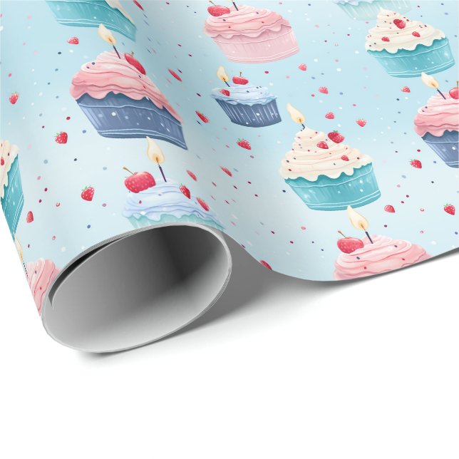 Papel De Presente Primeiro aniversário - Bolos, Velas e Morangos - (Ponta do rolo)