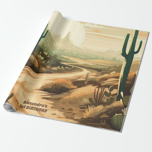 Papel De Presente Primeiro aniversario de Cactus no Deserto Retroati
