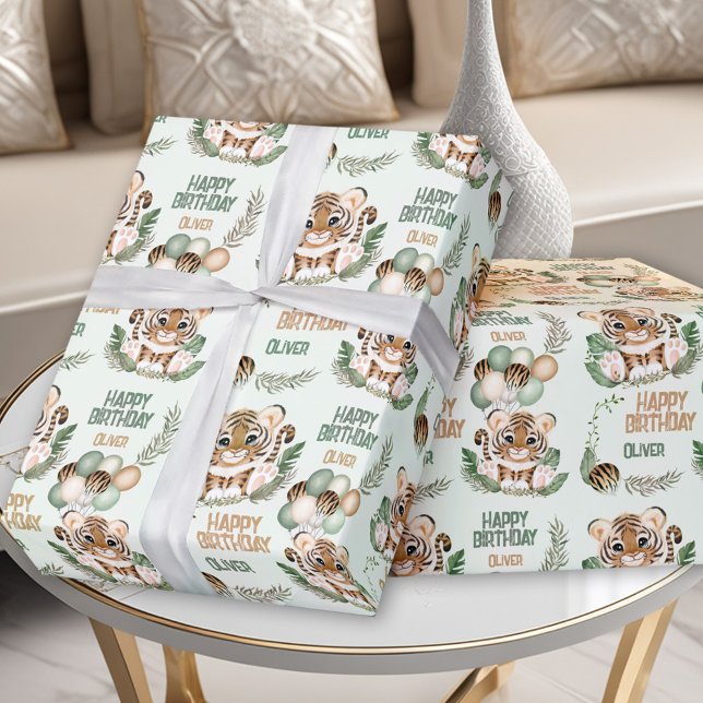 Papel De Presente Primeiro aniversario de Um Menino Selvagem e Cute  (Cute Tiger Wild One Boy 1st Birthday Green Wrapping Paper)