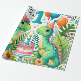 Papel De Presente primeiro aniversario Dinossaur Dino Boy Watercolor