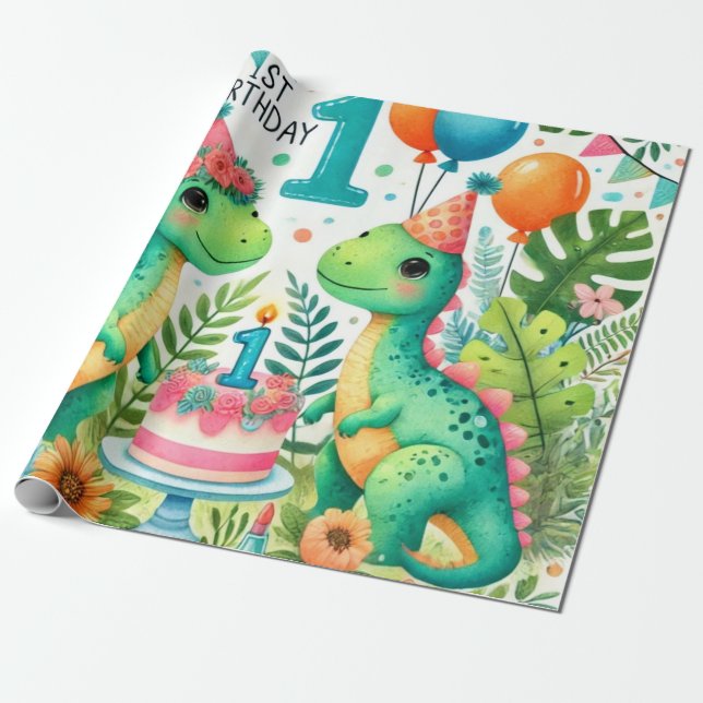 Papel De Presente primeiro aniversario Dinossaur Dino Boy Watercolor (Desenrolado)