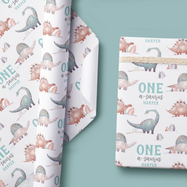 Papel De Presente Primeiro aniversario Dinossauro One-A-Saurus (Criador carregado)