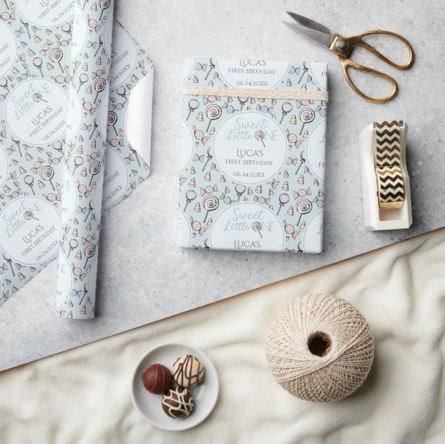 Papel De Presente Primeiro aniversario do Tema Azul-Candy (Artesanato)