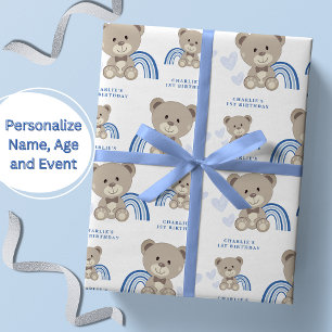 Papel De Presente Primeiro aniversario do Urso de Teddy Azul