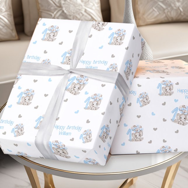 Papel De Presente Primeiro aniversario Elefante Azul Nome Personaliz (Cute Elephant 1st Birthday Blue Personalized Name Wrapping Paper)
