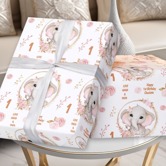 Papel De Presente primeiro aniversario Elefante-Cor-de-rosa (1st Birthday Cute Elephant Pink Flower Girl Name Wrapping Paper)