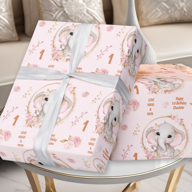 Papel De Presente primeiro aniversario - Elefante Cortado - Nome da  (1st Birthday Cute Elephant Floral Pink Girl Name Wrapping Paper)