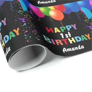 Papel De Presente primeiro aniversario Feliz Balões Coloridos Preto