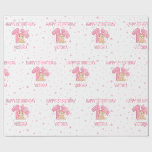 Papel De Presente Primeiro aniversario Feliz, Garota Rosa Rosa Peque