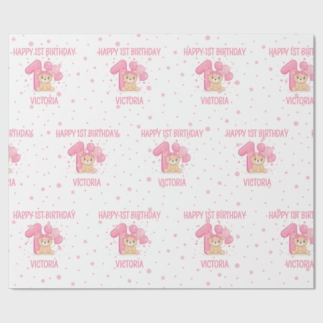 Papel De Presente Primeiro aniversario Feliz, Garota Rosa Rosa Peque (Aberto)