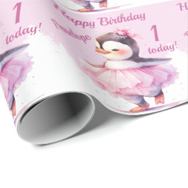 Papel De Presente primeiro aniversario Penguin Ballerina rosa