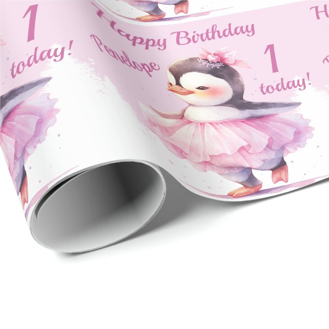 Papel De Presente primeiro aniversario Penguin Ballerina rosa (Ponta do rolo)