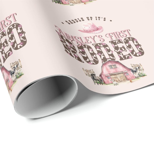 Papel De Presente Primeiro aniversario Personalizado Rosa Cor-de-Ros (Ponta do rolo)