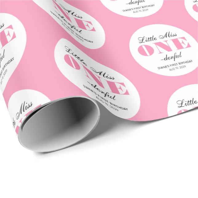 Papel De Presente Primeiro Aniversário Rosa (Ponta do rolo)