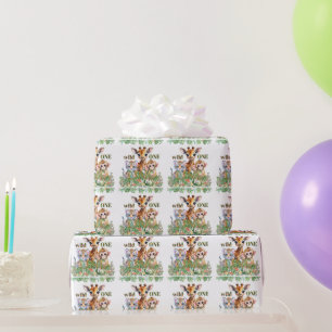 Papel De Presente Primeiro Aniversário Tigre Girafa Macaco Selvagem