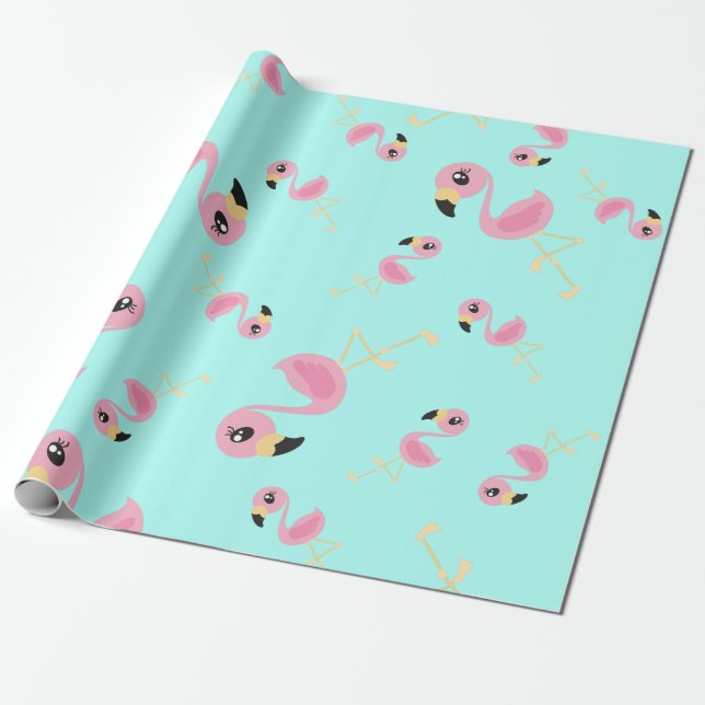 Papel De Presente Primeiro aniversario Tropical Rosa Flamingo (Desenrolado)