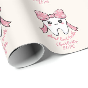 Papel De Presente Primeiro Dente de Bebê Laço Rosa Kawaii Milestone