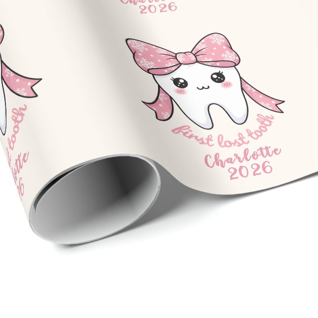 Papel De Presente Primeiro Dente de Bebê Laço Rosa Kawaii Milestone (Ponta do rolo)