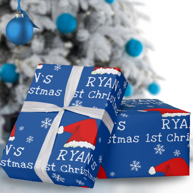 Papel De Presente Primeiro Natal do Bebê Chapéu de Papai Noel Azul F (Criador carregado)