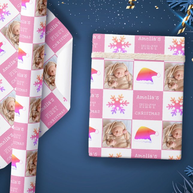 Papel De Presente Primeiro Natal do Bebê Chapéu de Papai Noel Floco  (Criador carregado)