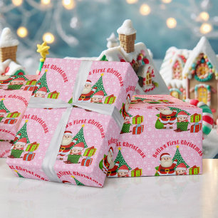 Papel De Presente Primeiro Natal Menina Personalizar Nome Rosa