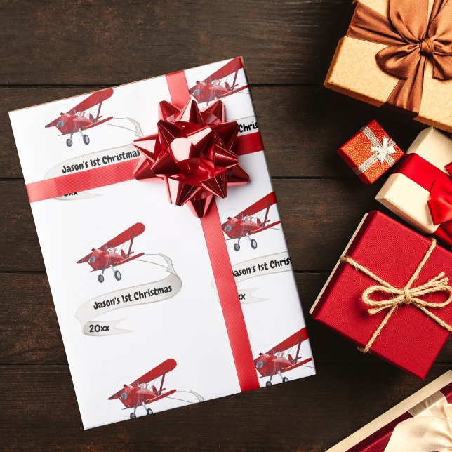 Papel De Presente Primeiro Natal Papai Noel Voando Avião Personaliza (Criador carregado)