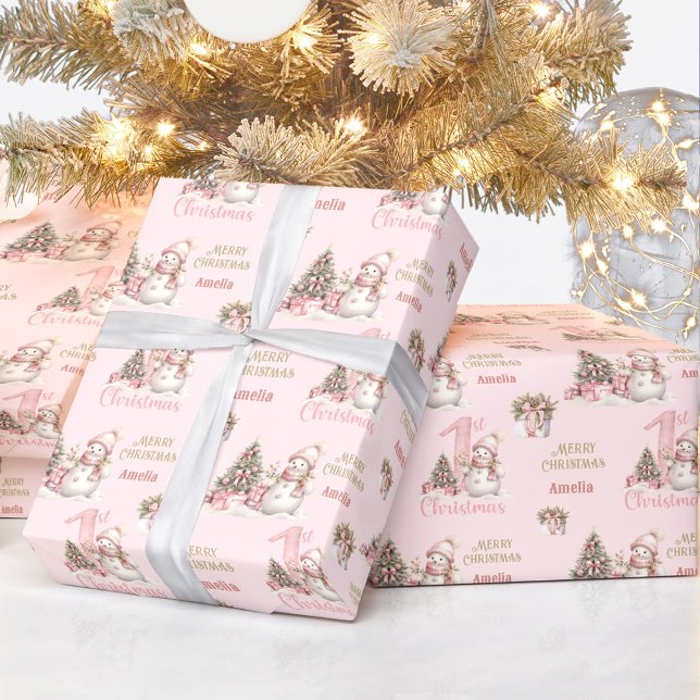 Papel De Presente Primeiro Natal Pink Vintage Snowman (First Christmas Pink Vintage Snowman Girl Name Wrapping Paper)