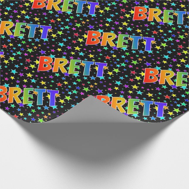 Papel De Presente Primeiro Nome Arco-íris "BRETT" + Estrelas (Ponta)