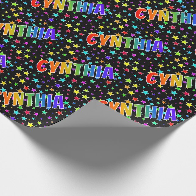 Papel De Presente Primeiro Nome Arco-íris "CYNTHIA" + Estrelas (Ponta)