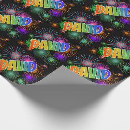Papel De Presente Primeiro Nome Arco-íris "DAVID" + Fogos de Artifíc