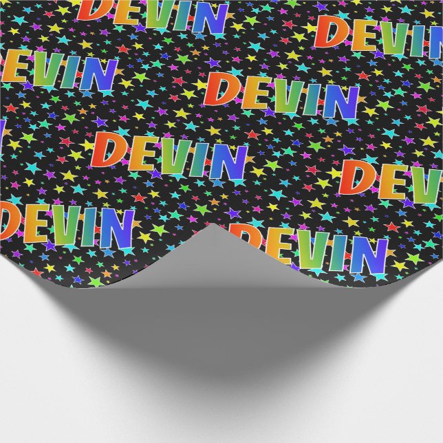 Papel De Presente Primeiro Nome Arco-íris "DEVIN" + Estrelas (Ponta)