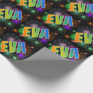 Papel De Presente Primeiro Nome Arco-íris "EVA" + Fogos de Artifício