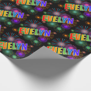 Papel De Presente Primeiro Nome Arco-íris "EVELYN" + Fogos de Artifí