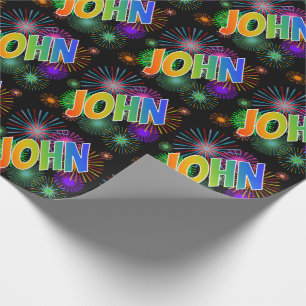 Papel De Presente Primeiro Nome Arco-íris "JOHN" + Fogos de Artifíci