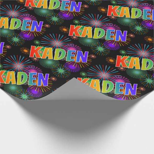Papel De Presente Primeiro Nome Arco-íris "KADEN" + Fogos de Artifíc (Ponta)