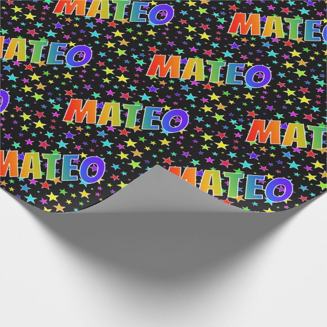 Papel De Presente Primeiro Nome Arco-íris "MATEO" + Estrelas (Ponta)