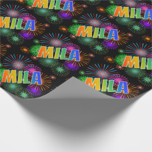 Papel De Presente Primeiro Nome Arco-íris "MILA" + Fogos de Artifíci