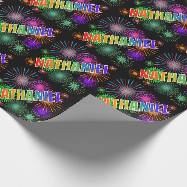 Papel De Presente Primeiro Nome Arco-íris "NATHANIEL" + Fogos de Art (Ponta)