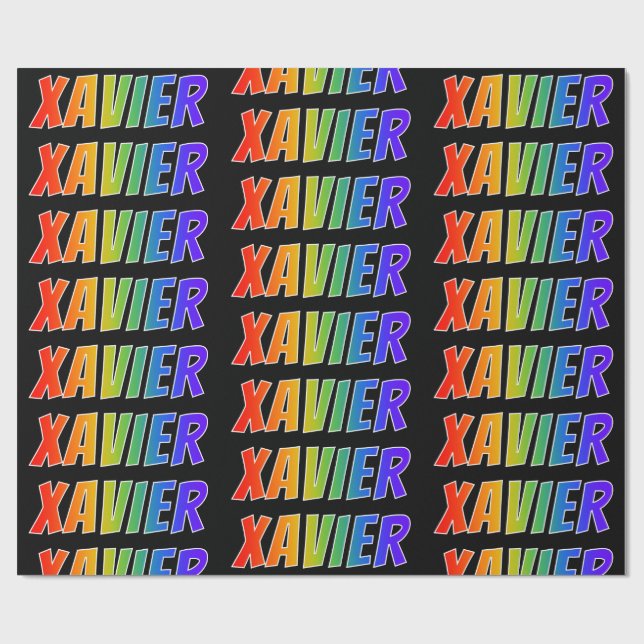 Papel De Presente Primeiro Nome Arco-íris "XAVIER"; Divertido & Colo (Aberto)